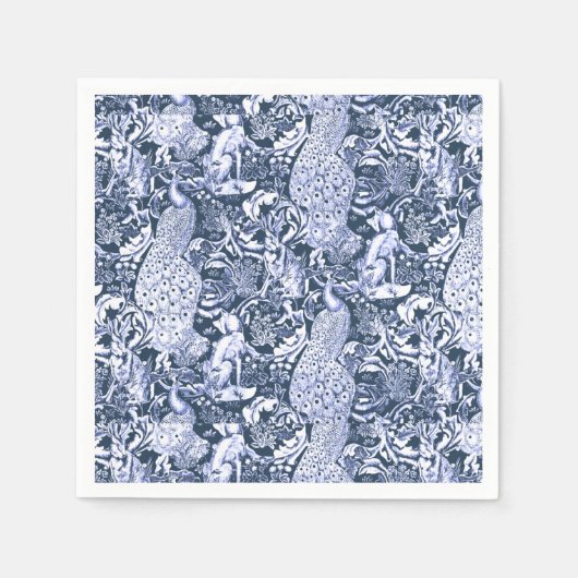 Art Nouveau Peacock Print, Navy and White Servetten (Voorkant)