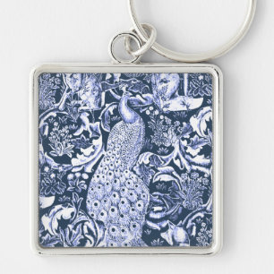 Art Nouveau Peacock Print, Navy and White Sleutelhanger
