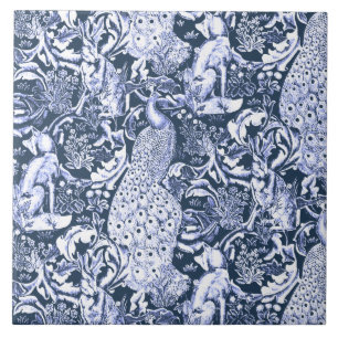 Art Nouveau Peacock Print, Navy and White Tegeltje