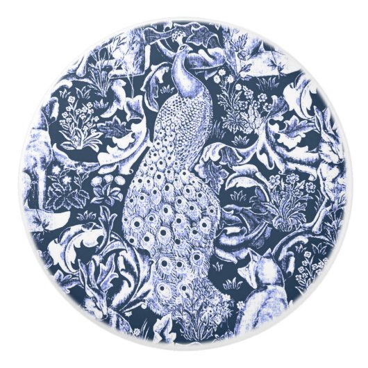 Art Nouveau Peacock Print, Navy Blue en White Keramische Knop (Voorkant)