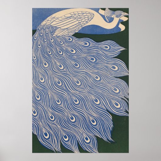  Art Nouveau Peacock Print, Retro Blue Poster (Voorkant)