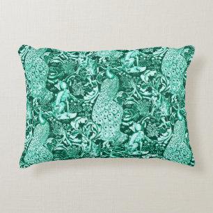 Art Nouveau Peacock Print, Turquoise en Aqua Accent Kussen