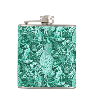 Art Nouveau Peacock Print, Turquoise en Aqua Heupfles