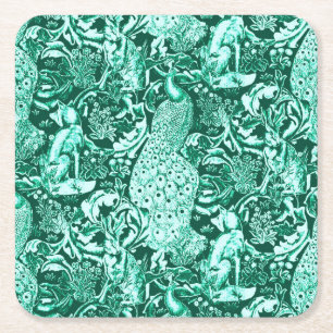 Art Nouveau Peacock Print, Turquoise en Aqua Kartonnen Onderzetters