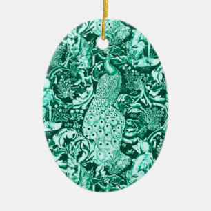 Art Nouveau Peacock Print, Turquoise en Aqua Keramisch Ornament