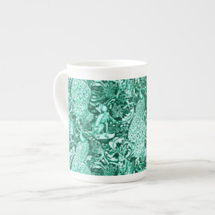 Art Nouveau Peacock Print, Turquoise en Aqua Porselein Kop