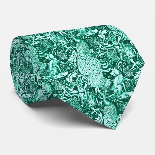 Art Nouveau Peacock Print, Turquoise en Aqua Stropdas (Opgerold)