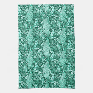 Art Nouveau Peacock Print, Turquoise en Aqua Theedoek