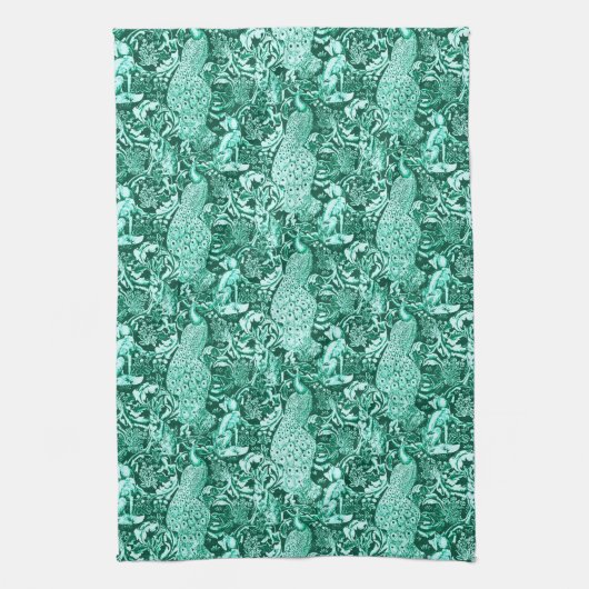 Art Nouveau Peacock Print, Turquoise en Aqua Theedoek (Verticaal)