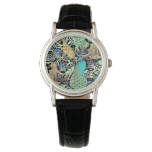 Art Nouveau Peacock Print, Turquoise & Neutrals Horloge