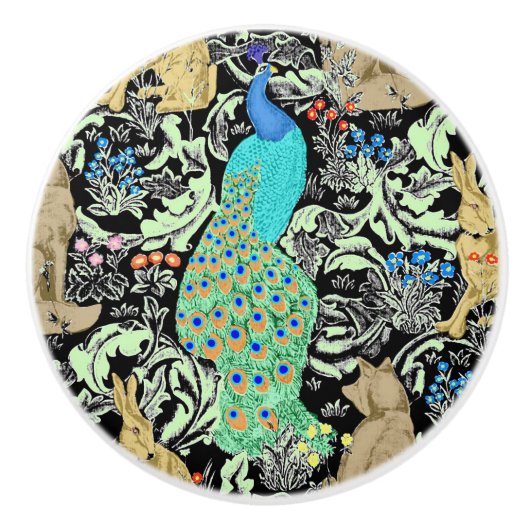 Art Nouveau Peacock Print, Turquoise & Neutrals Keramische Knop (Voorkant)