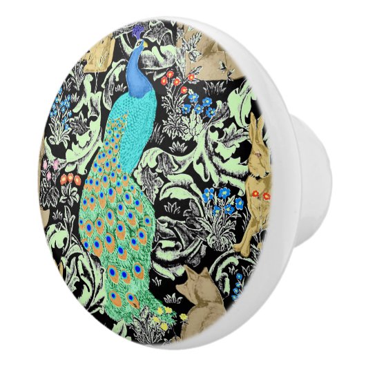 Art Nouveau Peacock Print, Turquoise & Neutrals Keramische Knop (Rechts)