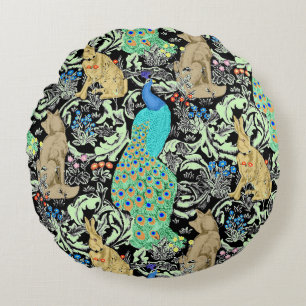 Art Nouveau Peacock Print, Turquoise & Neutrals Rond Kussen