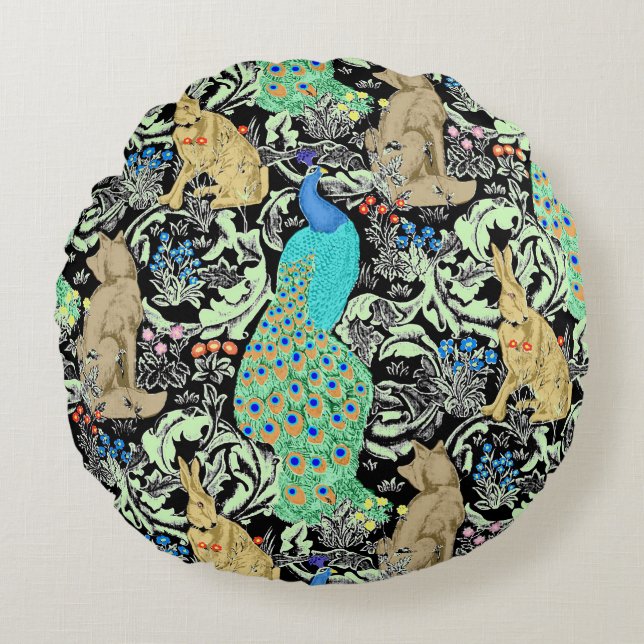 Art Nouveau Peacock Print, Turquoise & Neutrals Rond Kussen (Voorkant)