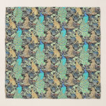 Art Nouveau Peacock Print, Turquoise & Neutrals Sjaal<br><div class="desc">Square scarf in een Art nouveau-patroon gebaseerd op een  wandtapijten van William Morris geïnspireerd weefsel waarin een boscène met pauzes,  hazen en vossen wordt afgebeeld,  digitaal gemaakt in turquoise,  greens,  browns en een zwarte achtergrond voor de blik van een traditionele tapestry</div>
