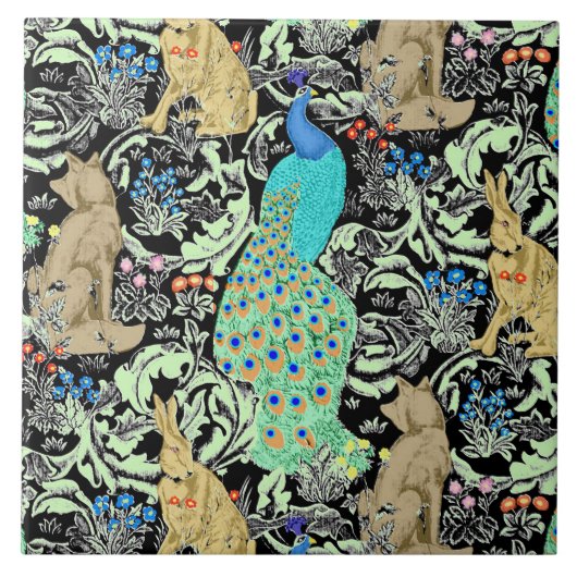 Art Nouveau Peacock Print, Turquoise & Neutrals Tegeltje (Voorkant)