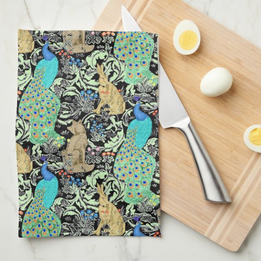 Art Nouveau Peacock Print, Turquoise & Neutrals Theedoek (Quarter Fold)