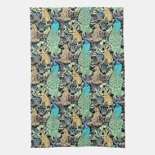 Art Nouveau Peacock Print, Turquoise & Neutrals Theedoek (Verticaal)