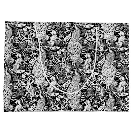 Art Nouveau Peacock Print, zwart en wit Groot Cadeauzakje (Achterkant)