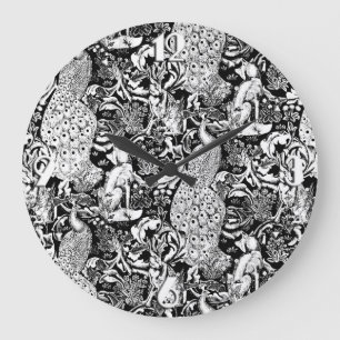 Art Nouveau Peacock Print, zwart en wit Grote Klok