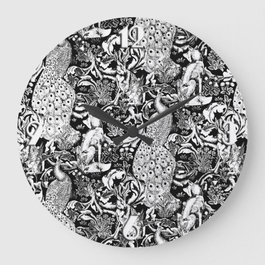 Art Nouveau Peacock Print, zwart en wit Grote Klok (Voorkant)