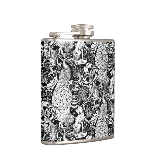 Art Nouveau Peacock Print, zwart en wit Heupfles (Rechts)