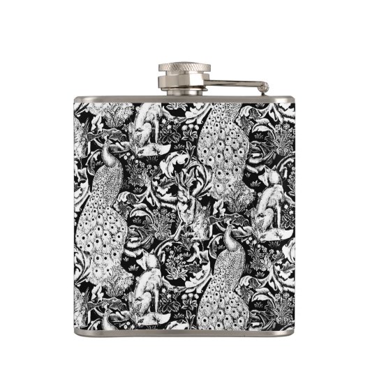 Art Nouveau Peacock Print, zwart en wit Heupfles (Achterkant)