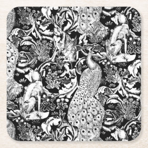 Art Nouveau Peacock Print, zwart en wit Kartonnen Onderzetters
