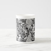 Art Nouveau Peacock Print, zwart en wit Porselein Kop (Voorkant)