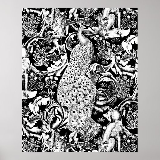 Art Nouveau Peacock Print, zwart en wit Poster (Voorkant)