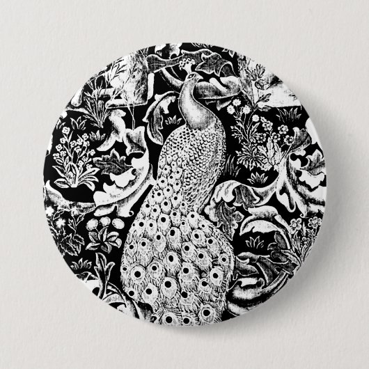 Art Nouveau Peacock Print, zwart en wit Ronde Button 7,6 Cm (Voorkant)