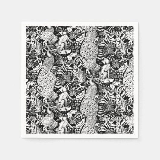 Art Nouveau Peacock Print, zwart en wit Servetten (Voorkant)