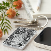 Art Nouveau Peacock Print, zwart en wit Sleutelhanger (Voorkant Rechts)