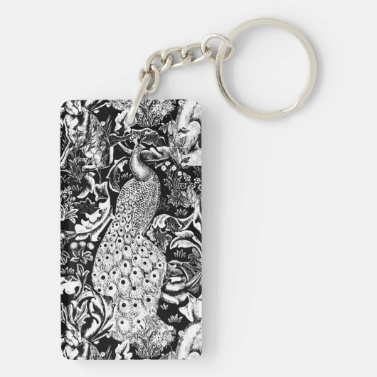 Art Nouveau Peacock Print, zwart en wit Sleutelhanger (achterkant)