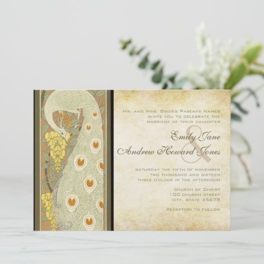 Art Nouveau Peacock Tortelduifjes Bruiloft Kaart (Staand voorkant)