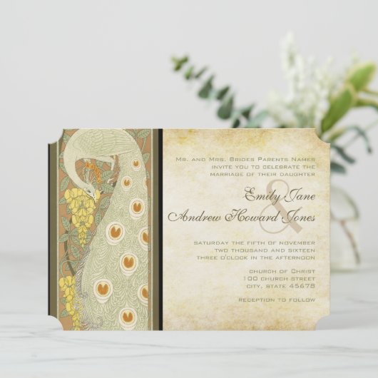 Art Nouveau Peacock Tortelduifjes Bruiloft Kaart (Staand voorkant)