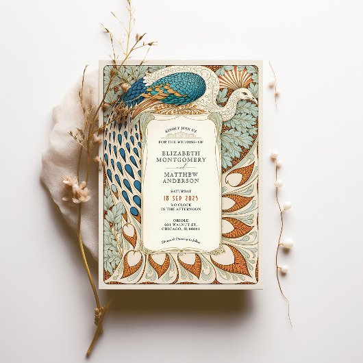 Art Nouveau Peacock Wedding Kaart