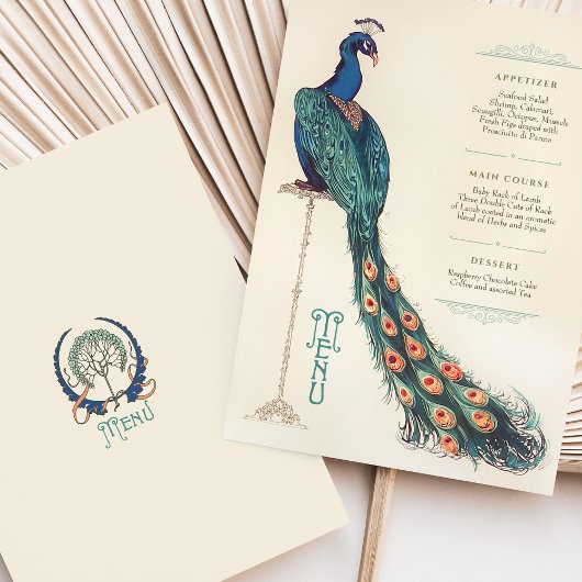 Art Nouveau Peacock Wedding Menu Kaart