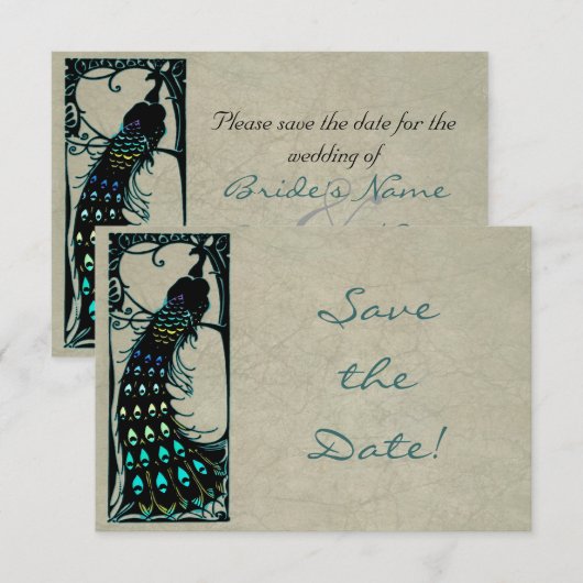 Art Nouveau Peacock Wedding Save the Date (Voorkant / Achterkant)