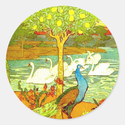 Art Nouveau Peacocks en Swans Ronde Sticker (Voorkant)