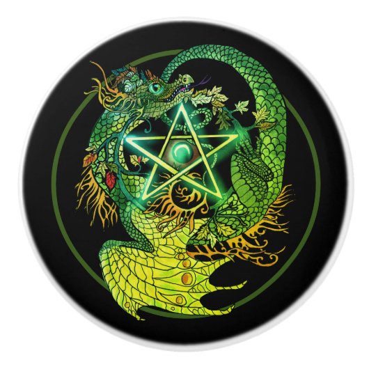 Art Nouveau pentacle dragon Keramische Knop (Voorkant)
