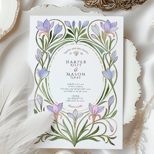Art Nouveau Periwinkle Blauw Bloemen Huwelijk Kaart
