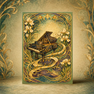Art Nouveau Piano Bloem Gelukkig Nieuwjaar Feestdagen Kaart