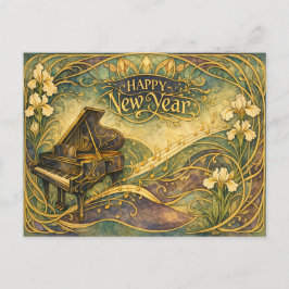 Art Nouveau Piano Bloemige Gelukkig Nieuwjaar Feestdagenkaart