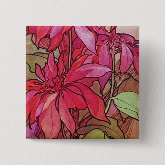 Art Nouveau Poinsettia KerstButton Pin Mucha Vierkante Button 5,1 Cm (Voorkant)