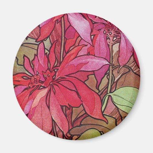 Art Nouveau Poinsettia Kerstvriendje Magnet (Voorkant)