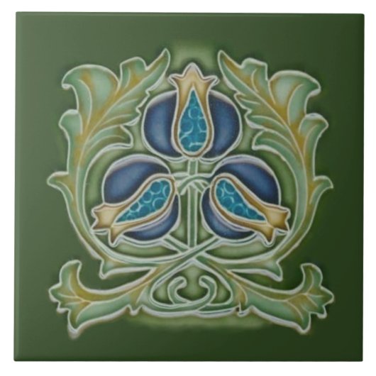 Art Nouveau Pomegranate Repro Tile Blues & Greens Tegeltje (Voorkant)