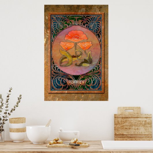 Art Nouveau Poppies in Coppery Mucha Lijst Poster (Keuken)