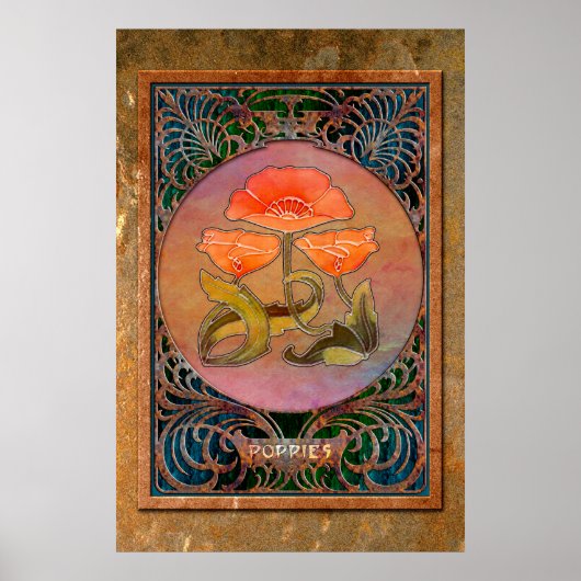 Art Nouveau Poppies in Coppery Mucha Lijst Poster (Voorkant)