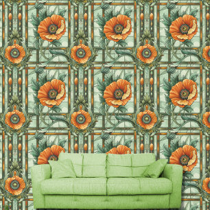 Art Nouveau Poppy Flowers Sinaasappel Groene Bloem Behang